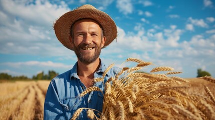 Fototapeta premium Smiling male farmer holding wheat ear in hands in golden wheat field.