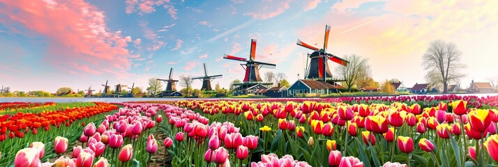 Obraz premium Beautiful colorful tulip field and traditional windmill in country side.