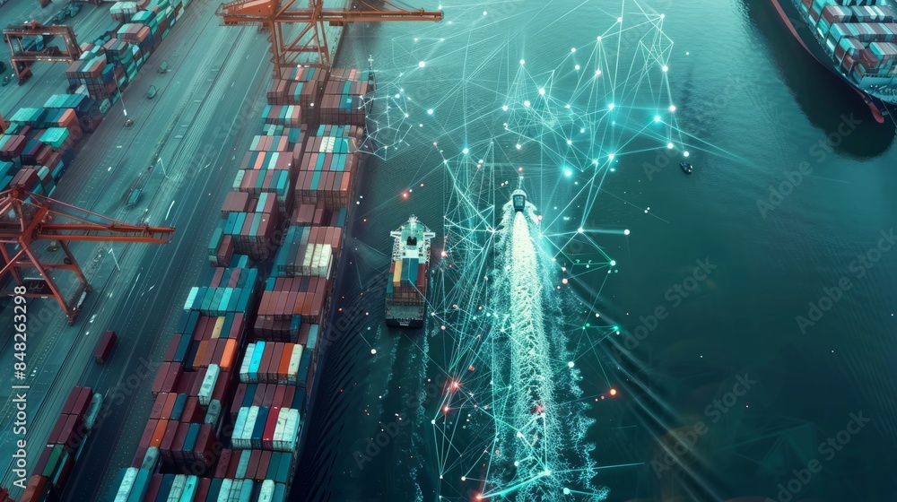 Poster the concept of smart logistics and warehouse technology is depicted featuring realtime data location