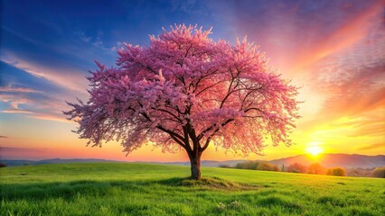 Pink cherry tree blossom flowers blooming in a green grass meadow on a spring easter sunrise background, pink, cherry tree