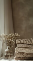Cozy Minimalist Interior with Neutral Colors Showing Folded Knitted Sweaters and Gypsophila Flowers in a Vase