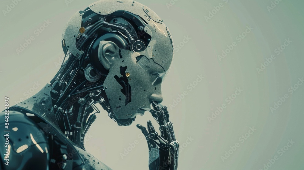 Aufkleber a robot with a face and hands is looking down