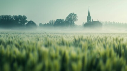 Church house with bell tower over wheat field in farm land.