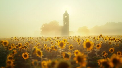Scenic view of church in countryside with sunflower and rural scene.