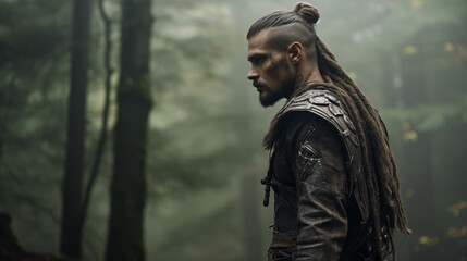 Modern Viking Hairstyle Amidst Dense Misty Forest