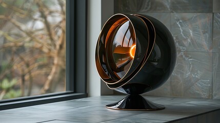 A modern lamp with a large round shade and a smaller round shade inside, sitting on a tile floor in front of a window.