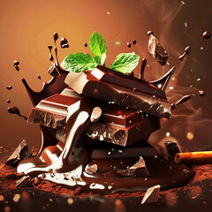 Dynamic and vibrant chocolate explosion with chunks of chocolate bars and mint leaves against a dark background, showcasing a delicious and festive scene for chocolate lovers.