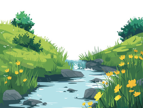 white background, A peaceful meadow with a babbling brook running through it., very simple and isolate in the style of animated illustrations, white background