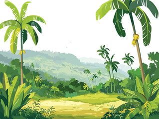 white background, An illustration of Haitian countryside dotted with banana and mango trees., very simple and isolate in the style of animated illustrations, white background