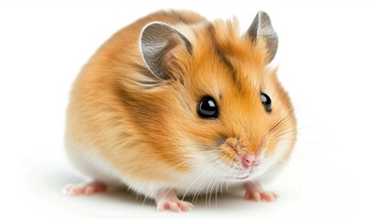 Golden hamster posing facing forward against a clean white background