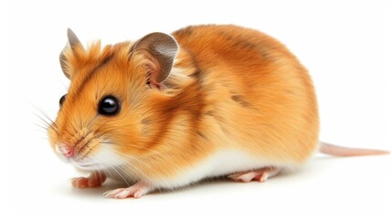 Golden hamster posing facing forward against a clean white background