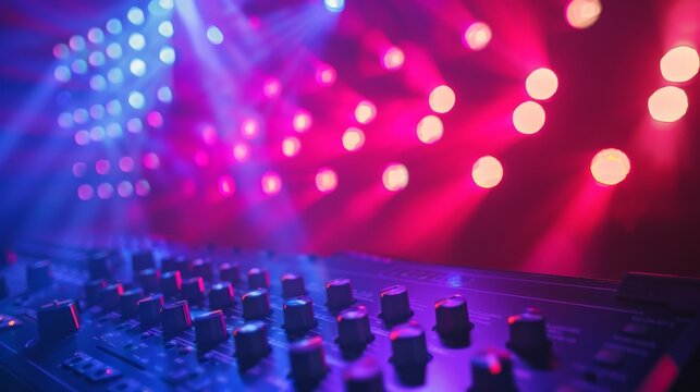 The image is a dj mixer with a lot of buttons. The background is a blurred image of a crowd at a concert. The image is in dark blue and red colors.