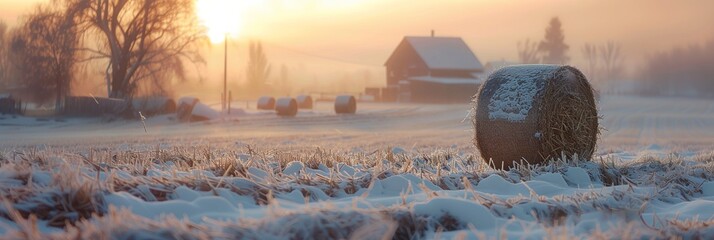 Closeup view of dry crop hay bale in farm land field in winter with snow
