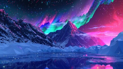 Fototapeta premium The image is showing a beautiful winter landscape with snow-capped mountains, a frozen lake, and a colorful aurora in the sky.