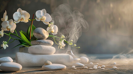 Spa scene with white orchids, towels, and candles, creating a relaxing atmosphere. Concept:...