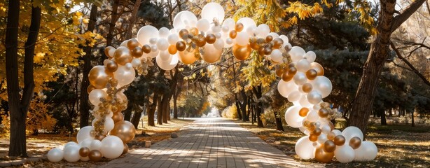 Stunning white and gold balloon arch set in a picturesque park with beautiful autumn foliage and a sunny ambiance.