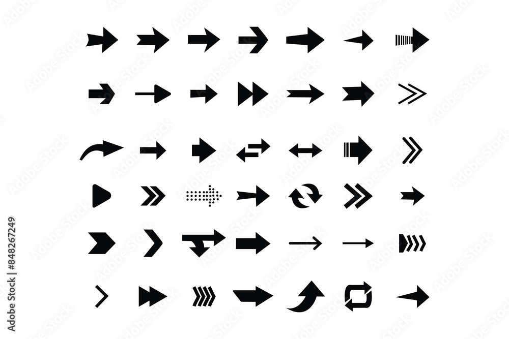 Poster arrows set. arrow of different shapes, linear symbols collection. arrows set of 42 black icons. arro