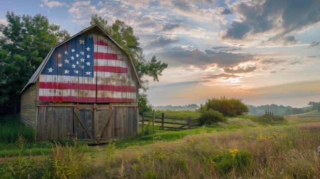 n old-fashioned wooden barn painted with the American flag, set in a serene rural setting