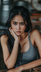 Fototapeta premium Lonely woman sitting in room, visibly upset and depressed, battling feelings of isolation