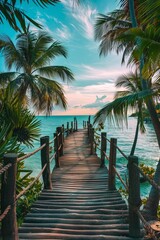 Obraz premium Walkway over blue sea water with tropical palm tree