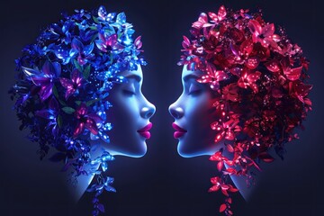 Abstract art collage portrait of two young woman with closed eyes and flowers on head