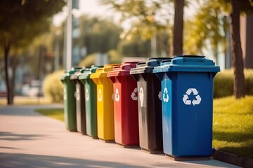 Row of Colorful Recycling Bins Lined Up on Sunny Suburban Street Sidewalk, Urban Park with Bokeh Background