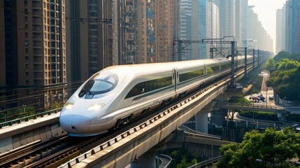 Urban transportation. high-speed train in modern city, realistic photo of railway system