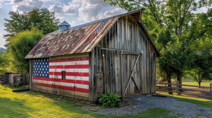 n old-fashioned wooden barn painted with the American flag, set in a serene rural setting