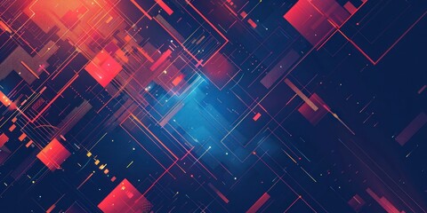 An abstract background with interconnected red and blue geometric shapes and lines that recalls the concept of technology and data