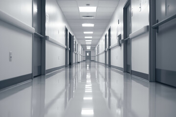 Fototapeta premium Long empty hospital hallway in perspective with shiny floor
