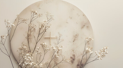 circulo de textura con una cruz en medio representando a Dios al catolicismo y cristianismo con ramas de flores secas en tonos claros
