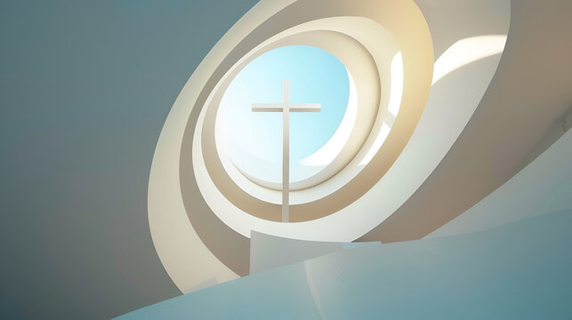 fondo abstracto con dise&ntilde;o en ovalo con una cruz al fondo adentro cruz de Dios catolica representativa de fe esperanza y oracion creencias simbolo de adoracion