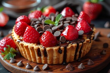 Strawberry pie with flaky crust and delectable chocolate muffins filled with rich chocolate chips, perfect for dessert
