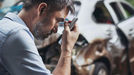 man talking on the phone to car insurance after car crash accident
