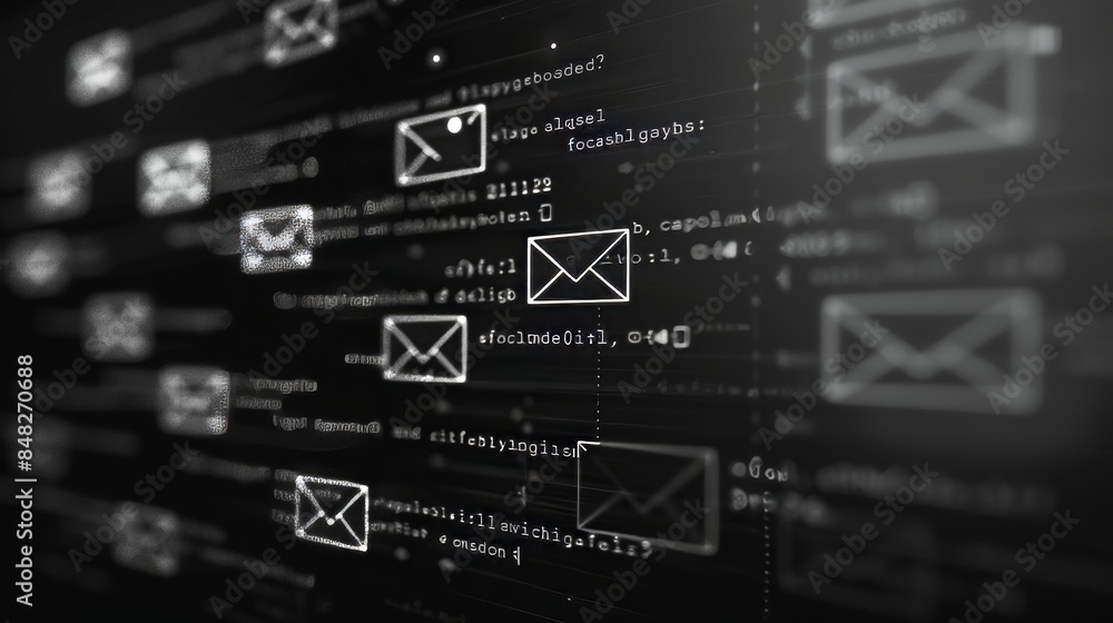 Poster Minimalist geometric envelopes   email list displayed on laptop screen for efficient organization