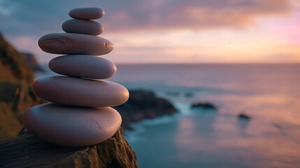 A peaceful scene of smooth, stone-like ovals stacked in a delicate balance on a cliff overlooking...