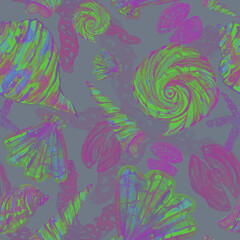 Seamless pattern with watercolor drawn seashells, starfish, underwater life on magenta color background. Purple and ultramarine shell on palepink field. Template for fabric, textile, surfaces, covers.
