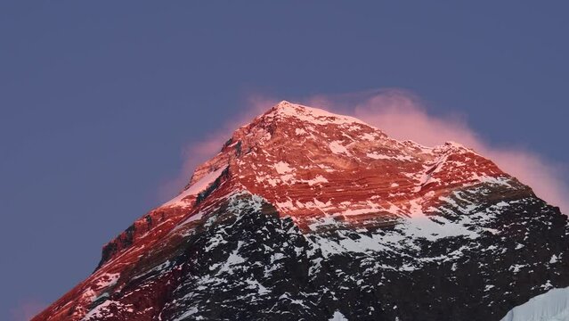 Close up Evening colored view of Mount Everest. Khumbu valley, Solukhumbu, Sagarmatha national park, Nepal