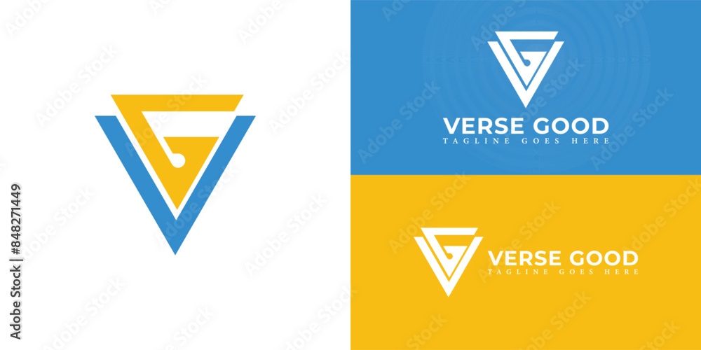 Poster abstract initial triangle letters vg or gv logo in blue-yellow color isolated on multiple background