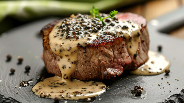 Filet Mignon with Creamy Green Peppercorn Sauce. Food blog, restaurant menu, and culinary promotion concept.
