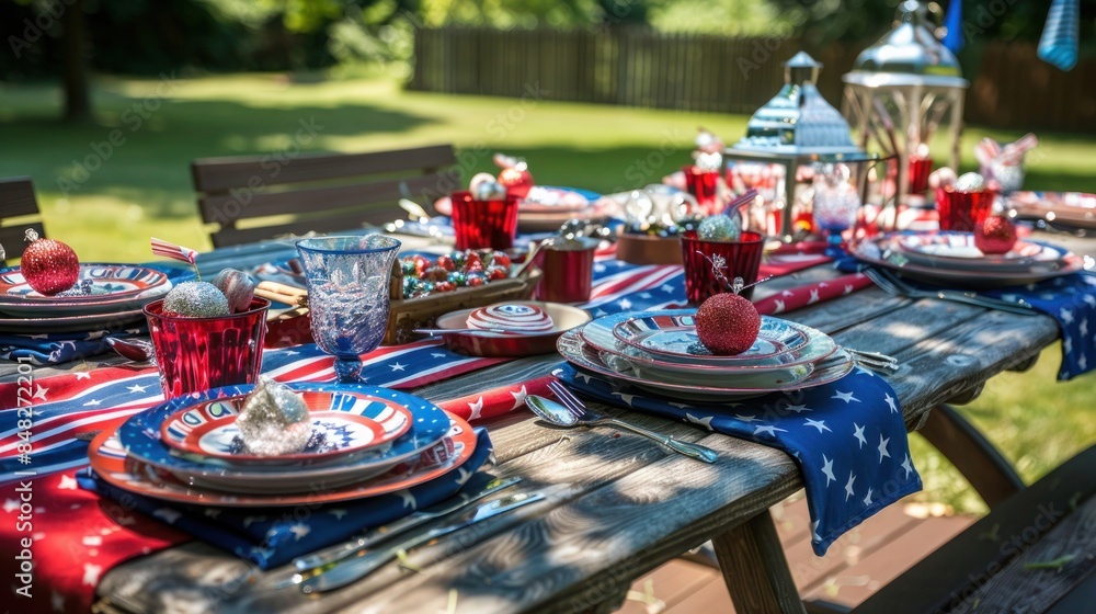 Wall mural beautifully set outdoor table for a Fourth of July picnic, with patriotic decorations