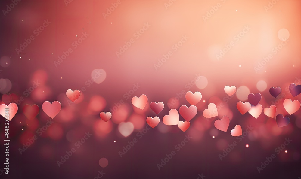 Poster abstract valentine's day background with red hearts and bokeh lights with copy space