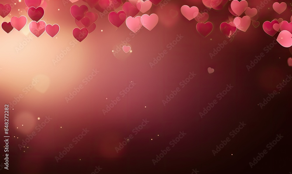 Poster abstract valentine's day background with red hearts and bokeh lights with copy space