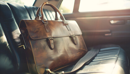 Leather briefcase in car seat with sunlight and strong contrast