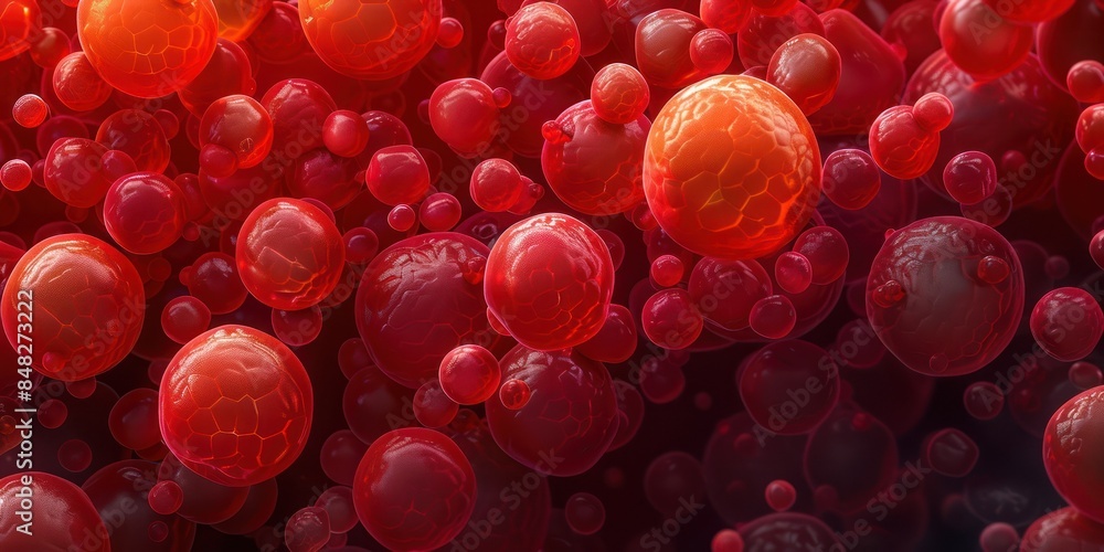 Poster vibrant red spheres clustered in close proximity, creating an abstract and colorful visual compositi