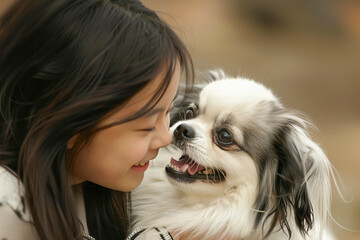 A girl plays with a Japanese Chin puppy on a sunny day