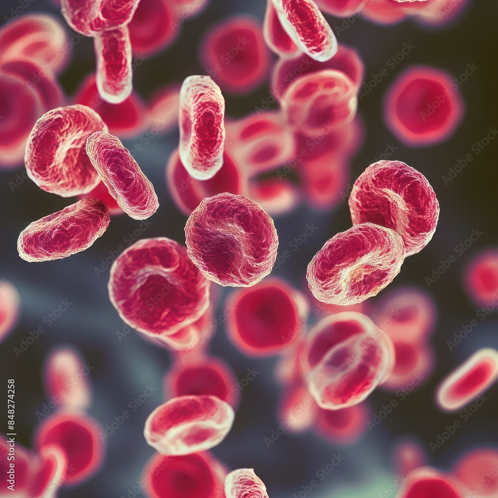 Poster close-up image of red blood cells under the microscope, showing detailed cellular structure in a bio