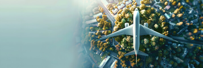 A top view of an airplane flying over a detailed