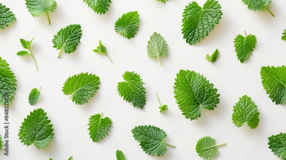 Wall mural Fresh lemon balm leaves are arranged on a light background