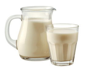 Fresh milk in a glass and jug on a white background. Perfect for dairy product and beverage concepts. PNG transparent Background.